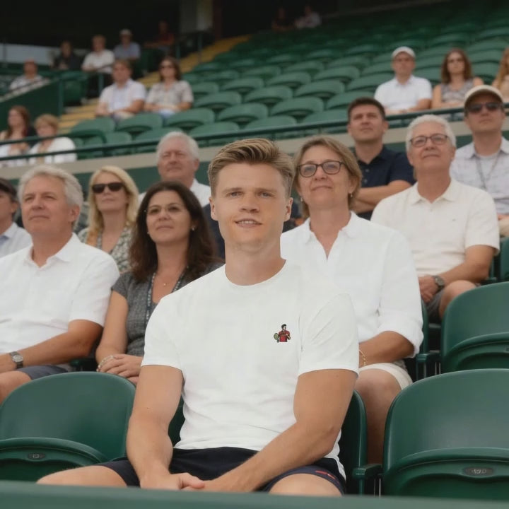 cotton short sleeve Tshirt featuring small embroidered Carlos Alcaraz graphic design, tennis fan gear.