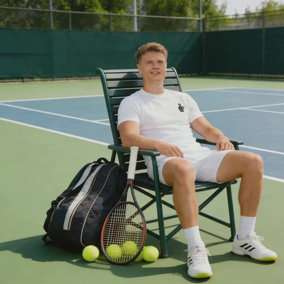 Premium white cotton short sleeve t-shirt featuring a small embroidered graphic of Roger Federer in a navy tennis kit and his iconic red headband.
