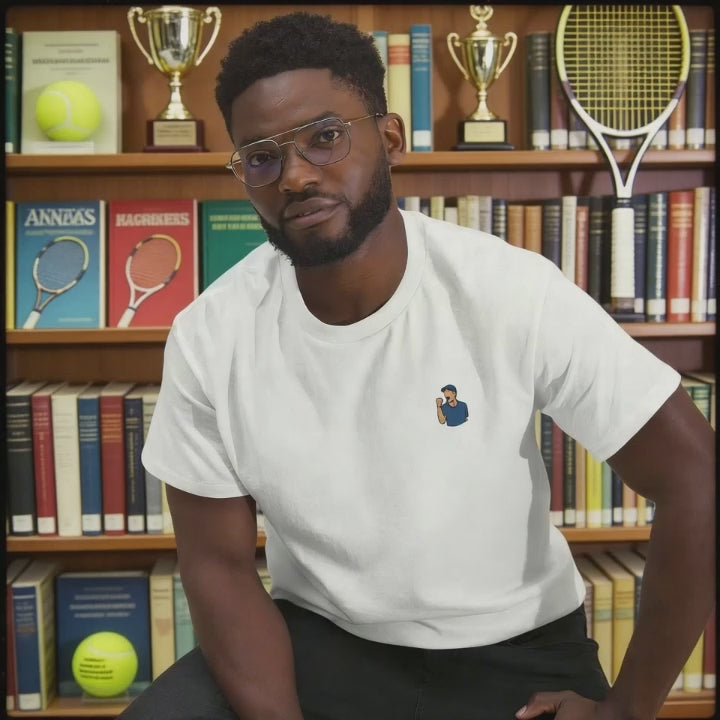 Jannik Sinner embroidered white tennis t-shirt, premium cotton graphic tee.
