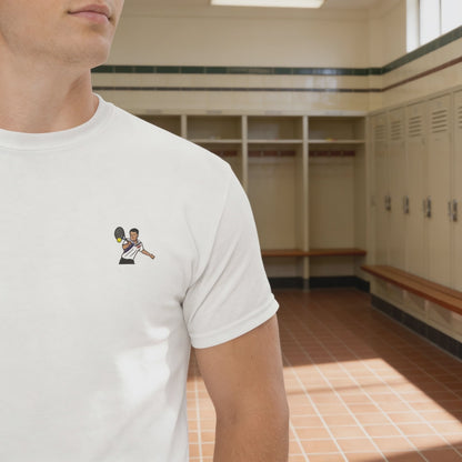 White cotton short sleeve t-shirt featuring a small, high-quality embroidery of tennis legend Michael Chang in a white and black kit, perfect for ATP tennis fans.