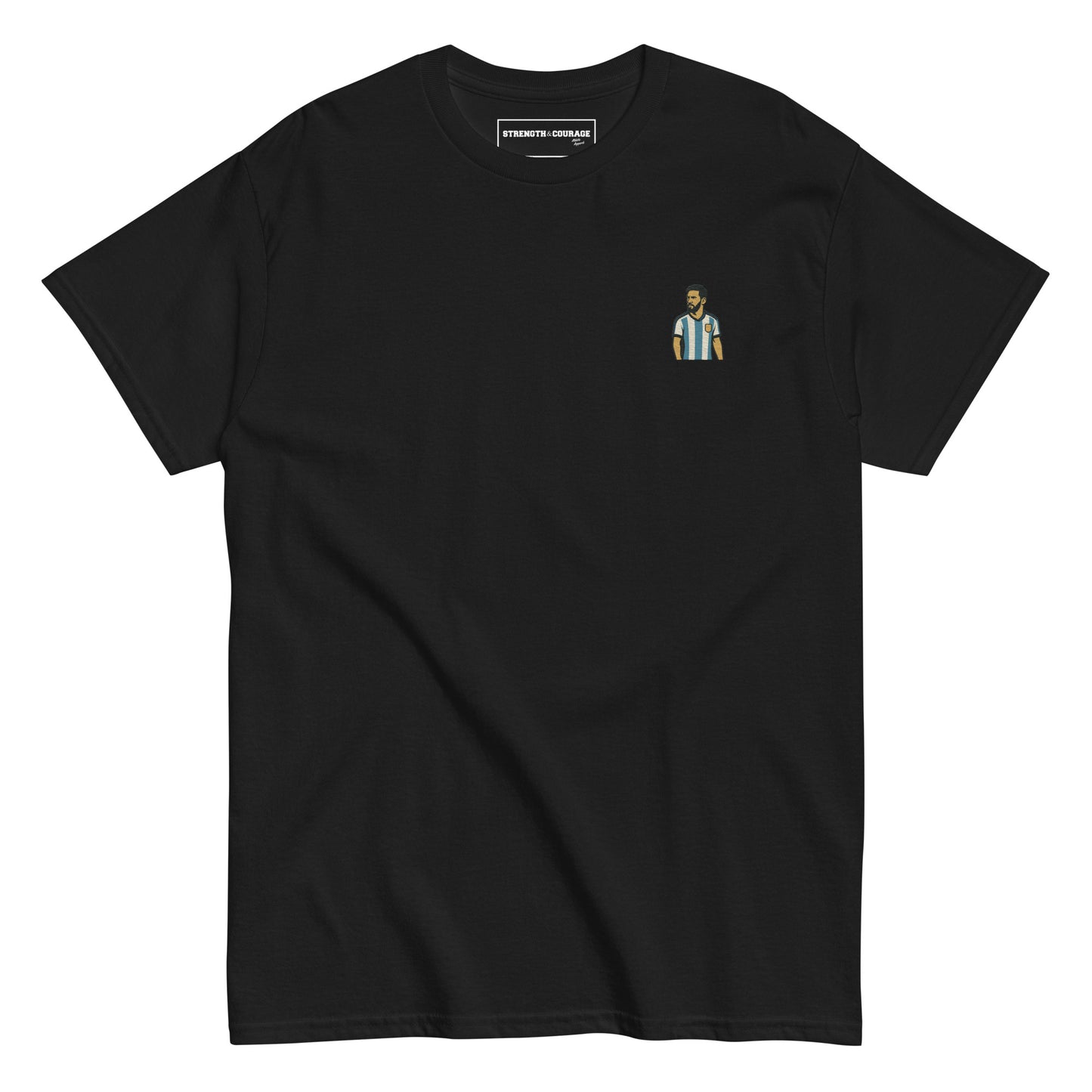 Men's (or Unisex) cotton graphic tee featuring a small, retro-inspired embroidered patch/graphic of football player Lionel Messi in the Argentina (AFA) 'Albiceleste' jersey. GOAT, soccer, football, vintage style, Strength and Courage brand.