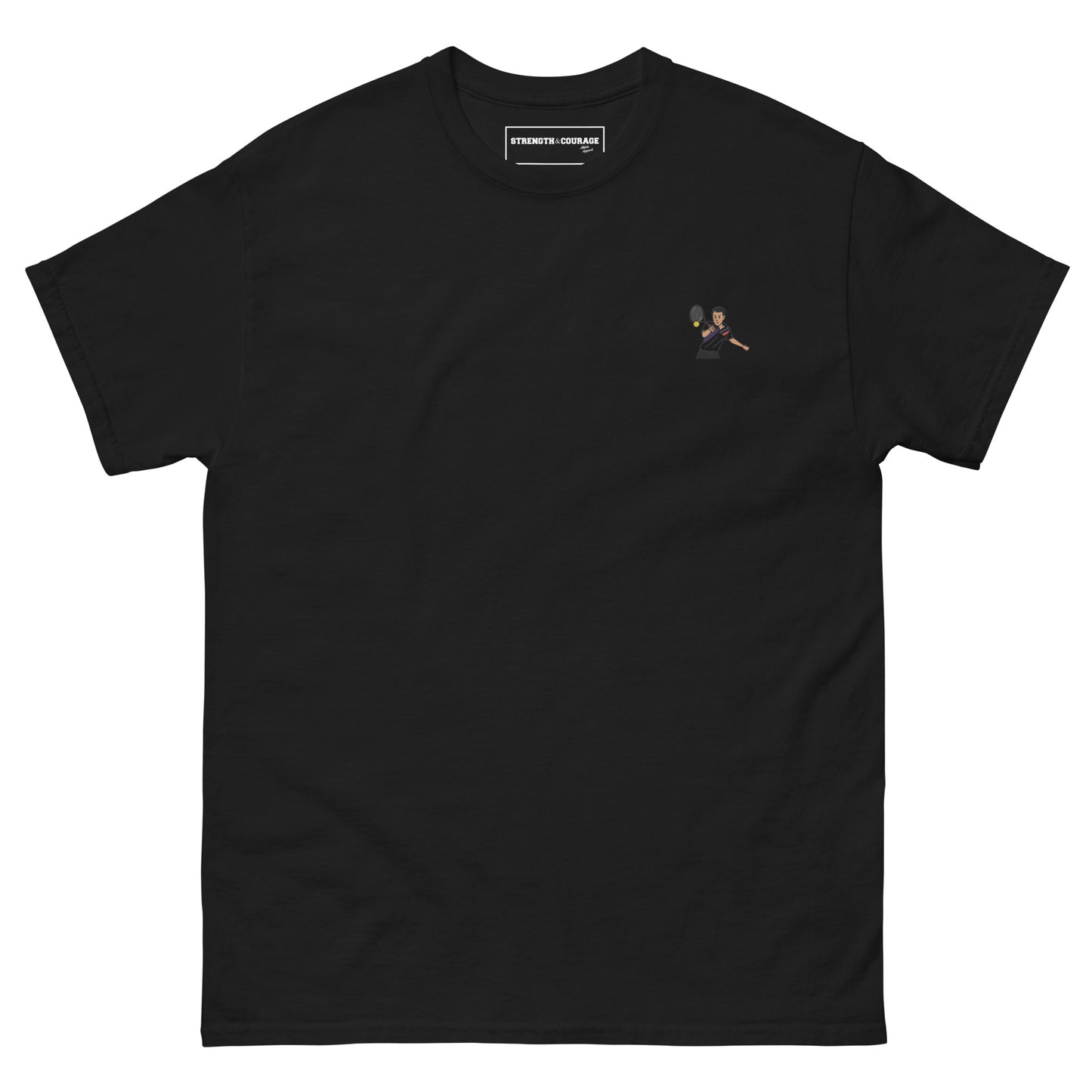 Black cotton short sleeve t-shirt featuring a small, high-quality embroidery of tennis legend Michael Chang in a white and black kit, perfect for ATP tennis fans.