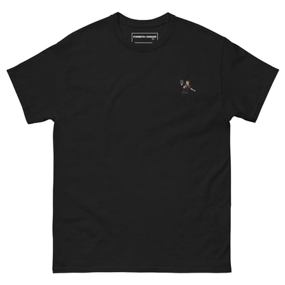 Black cotton short sleeve t-shirt featuring a small, high-quality embroidery of tennis legend Michael Chang in a white and black kit, perfect for ATP tennis fans.