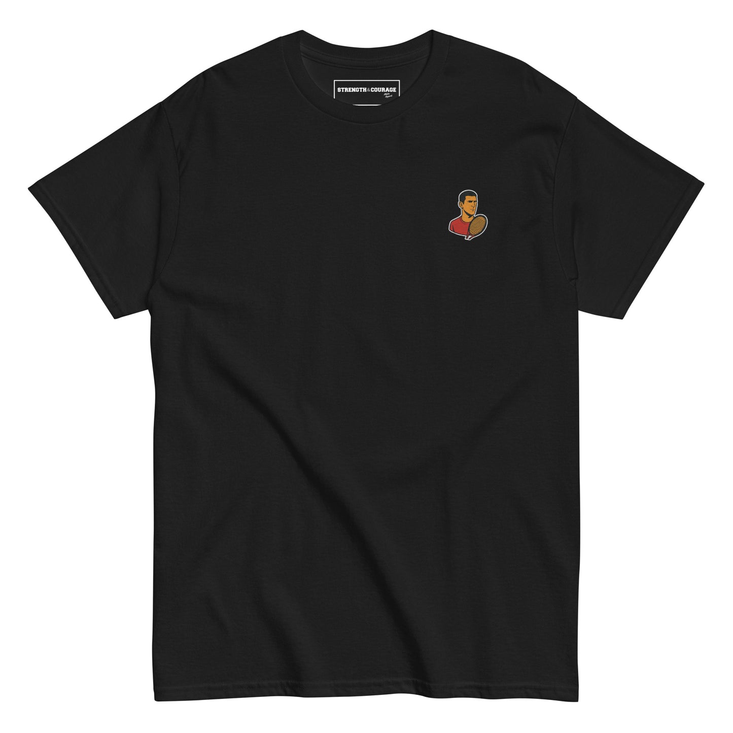 Black cotton short sleeve t-shirt featuring a small, minimalist embroidered graphic design of tennis player Novak Djokovic in a red shirt holding a racket.