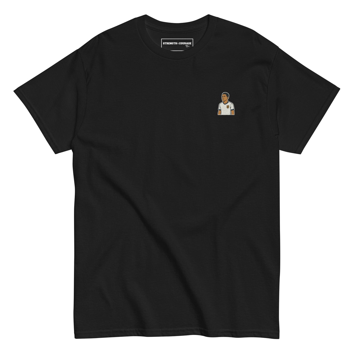 Black premium cotton short sleeve t-shirt featuring a small, detailed embroidery of football player Jude Bellingham wearing an England national team kit.