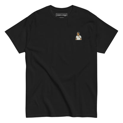 Black premium cotton short sleeve t-shirt featuring a small, detailed embroidery of football player Jude Bellingham wearing an England national team kit.