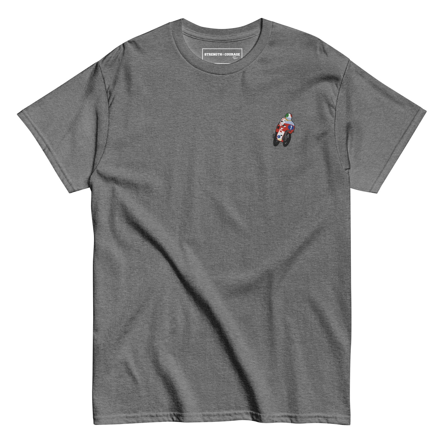 Embroidered cotton T-shirt featuring Giacomo Agostini riding his legendary MV Agusta, celebrating the golden era of MotoGP and one of the greatest World Champions in racing history. This short sleeve T-shirt design captures pure speed, style, and heritage. Made from premium cotton, it’s a timeless graphic tee and perfect Tshirt gift for him with free shipping included. Honor Agostini’s racing legacy and Italian excellence. Shop now and wear motorcycle history!
