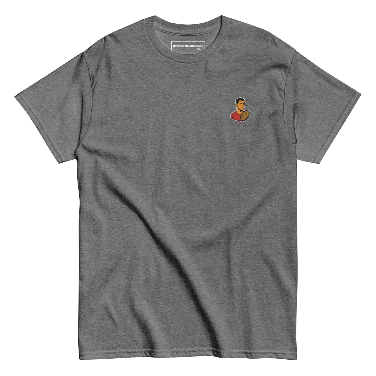 Grey melange cotton short sleeve t-shirt featuring a small, minimalist embroidered graphic design of tennis player Novak Djokovic in a red shirt holding a racket.