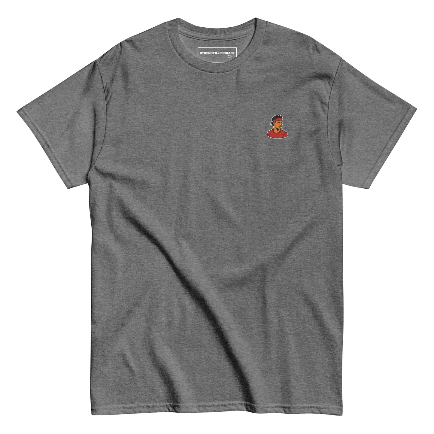 Grey Melange premium cotton short sleeve t-shirt featuring a small, detailed embroidery of tennis legend Rafael Nadal in his signature pose.