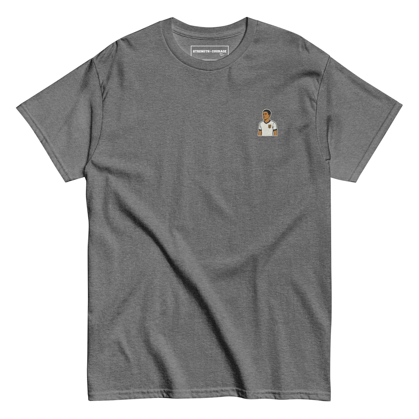 Grey melange premium cotton short sleeve t-shirt featuring a small, detailed embroidery of football player Jude Bellingham wearing an England national team kit.