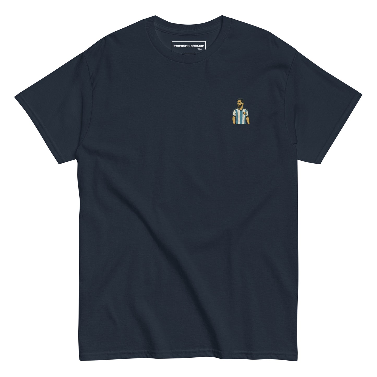 Men's (or Unisex)  cotton graphic tee featuring a small, retro-inspired embroidered patch/graphic of football player Lionel Messi in the Argentina (AFA) 'Albiceleste' jersey. GOAT, soccer, football, vintage style, Strength and Courage brand.