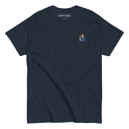 Jannik Sinner embroidered blue navy tennis t-shirt, premium cotton graphic tee.