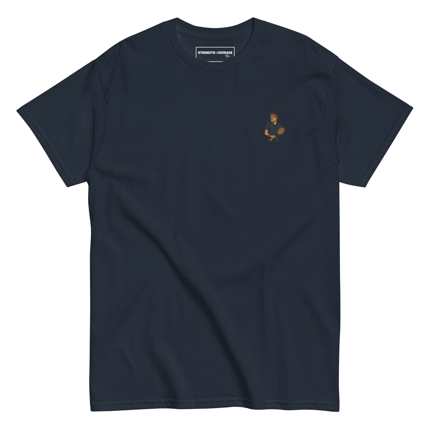 Premium blu navy cotton short sleeve t-shirt featuring a small embroidered graphic of Roger Federer in a navy tennis kit and his iconic red headband.
