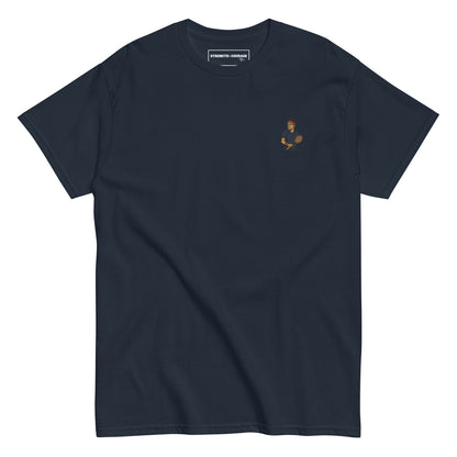 Premium blu navy cotton short sleeve t-shirt featuring a small embroidered graphic of Roger Federer in a navy tennis kit and his iconic red headband.