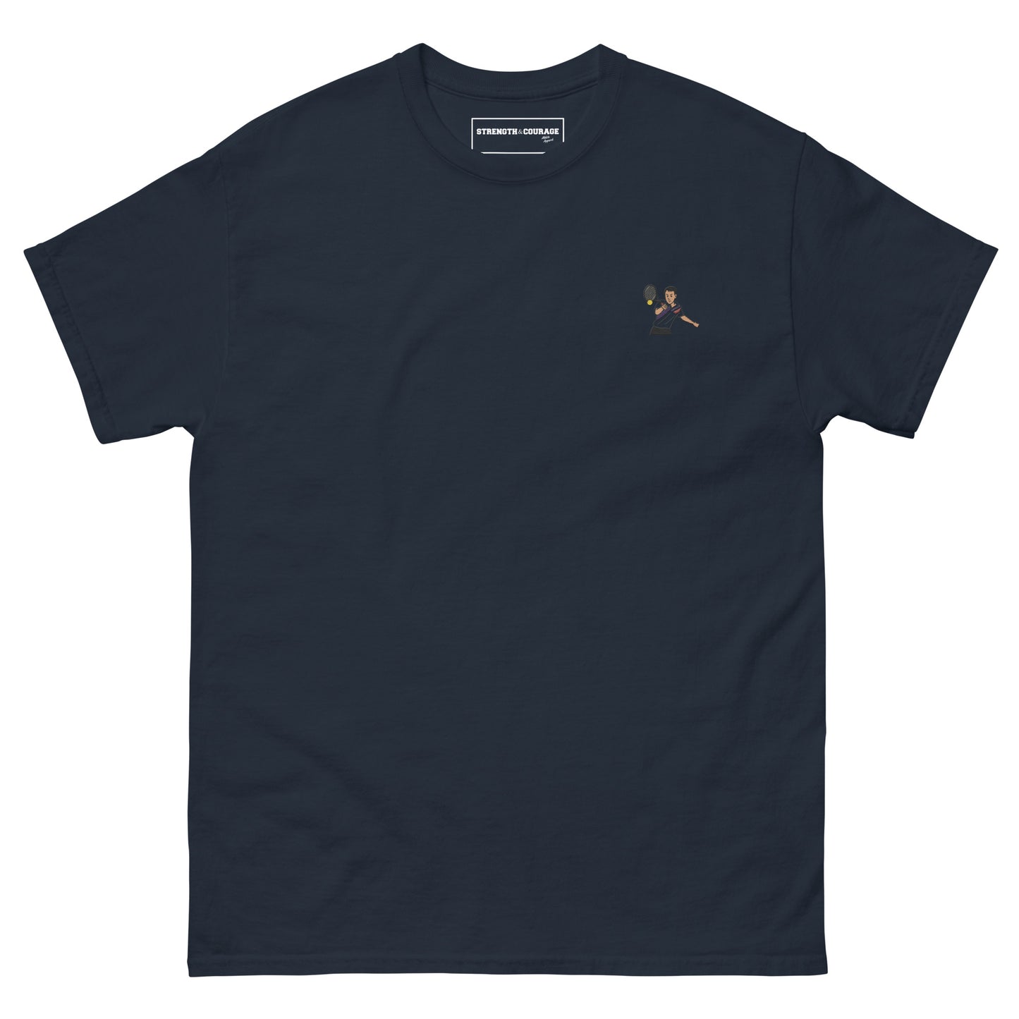 Blue Navy cotton short sleeve t-shirt featuring a small, high-quality embroidery of tennis legend Michael Chang in a white and black kit, perfect for ATP tennis fans.