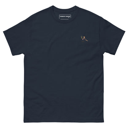 Blue Navy cotton short sleeve t-shirt featuring a small, high-quality embroidery of tennis legend Michael Chang in a white and black kit, perfect for ATP tennis fans.