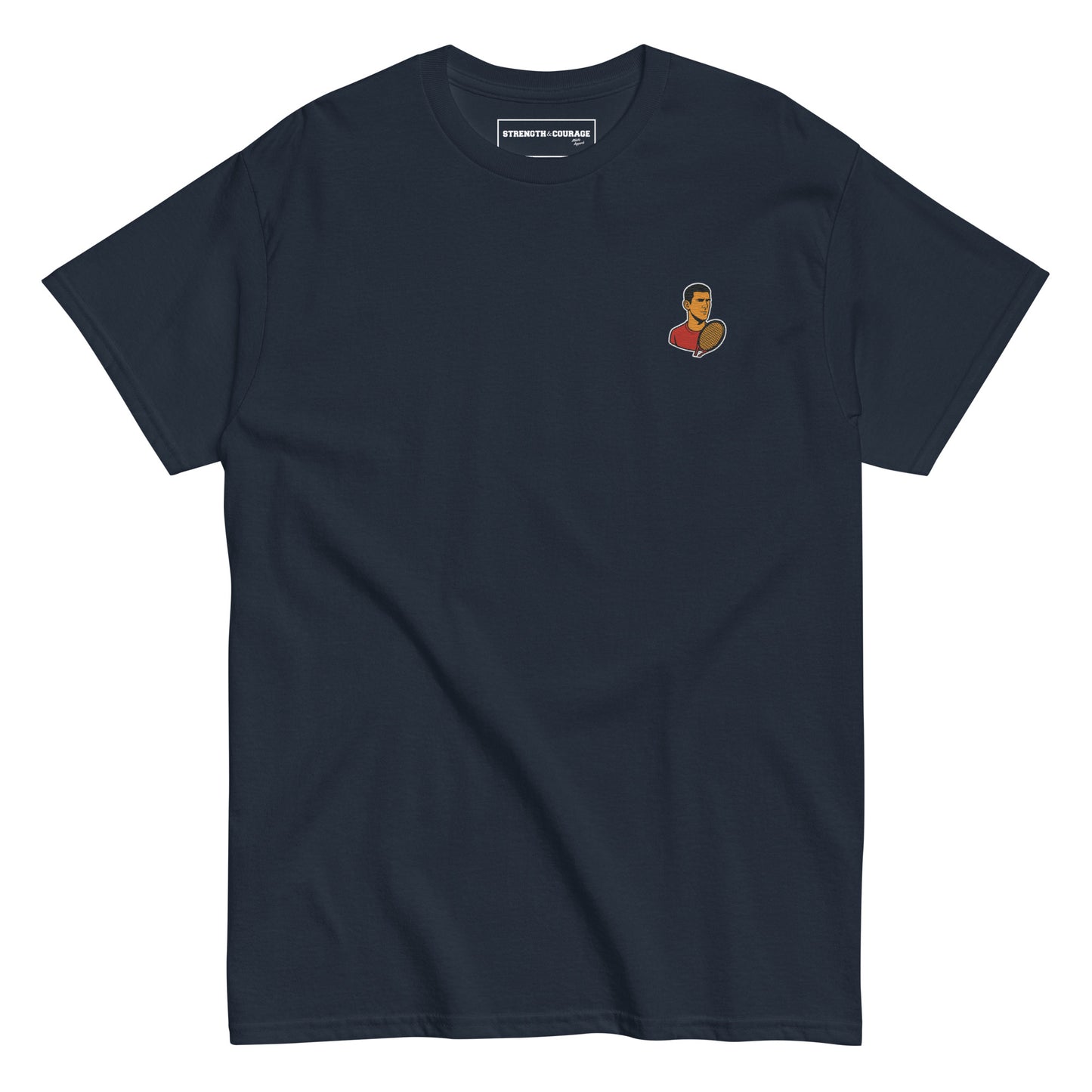 Blue navy cotton short sleeve t-shirt featuring a small, minimalist embroidered graphic design of tennis player Novak Djokovic in a red shirt holding a racket.