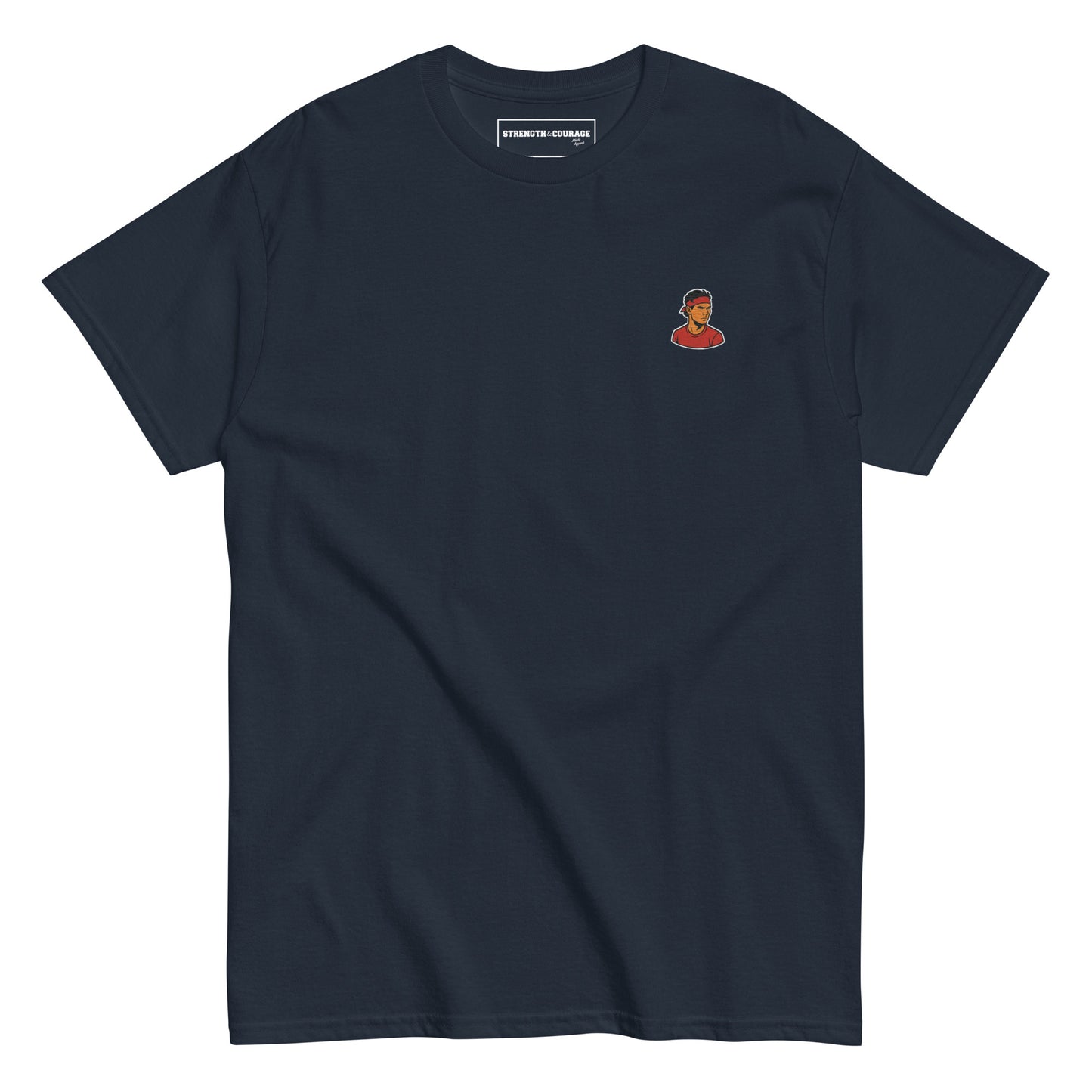 Blue Navy premium cotton short sleeve t-shirt featuring a small, detailed embroidery of tennis legend Rafael Nadal in his signature pose.