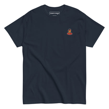 Blue Navy premium cotton short sleeve t-shirt featuring a small, detailed embroidery of tennis legend Rafael Nadal in his signature pose.