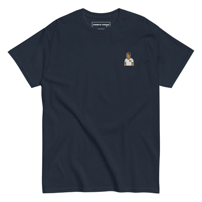 Blue navy premium cotton short sleeve t-shirt featuring a small, detailed embroidery of football player Jude Bellingham wearing an England national team kit.