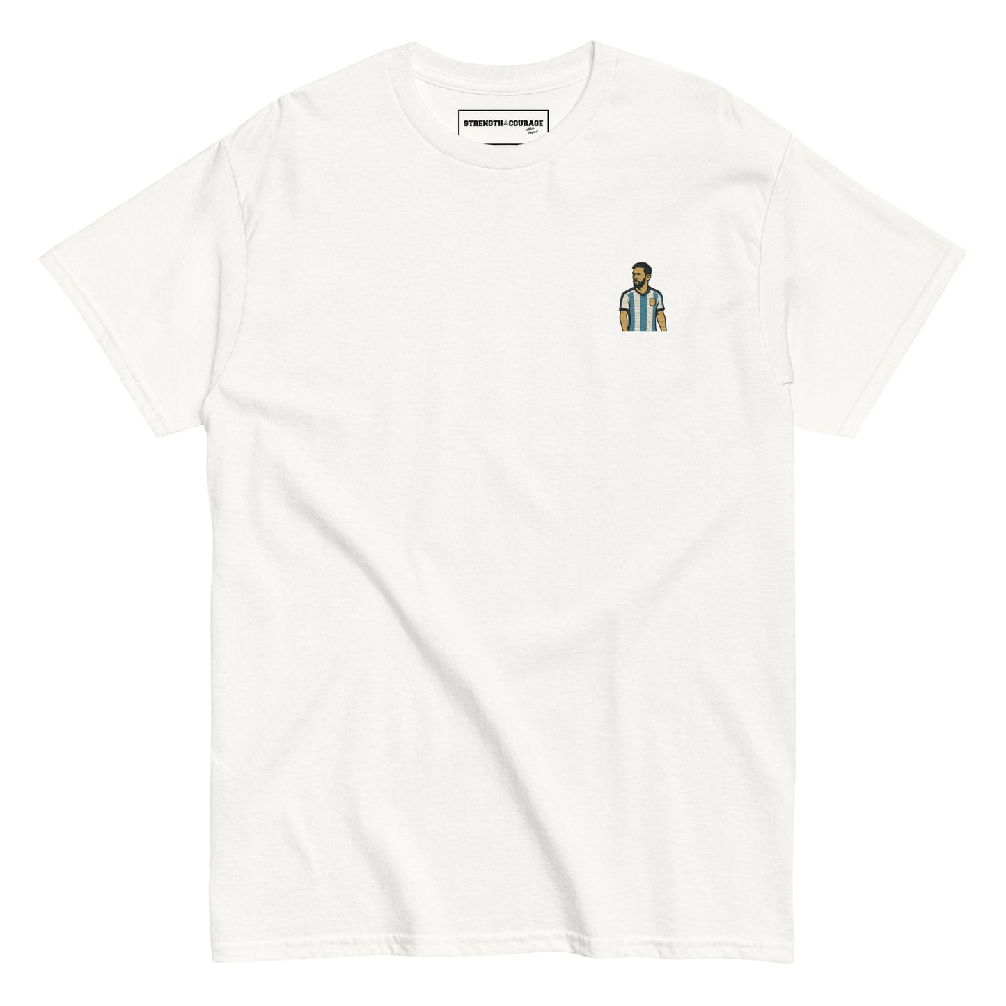 Men's (or Unisex) white cotton graphic tee featuring a small, retro-inspired embroidered patch/graphic of football player Lionel Messi in the Argentina (AFA) 'Albiceleste' jersey. GOAT, soccer, football, vintage style, Strength and Courage brand.