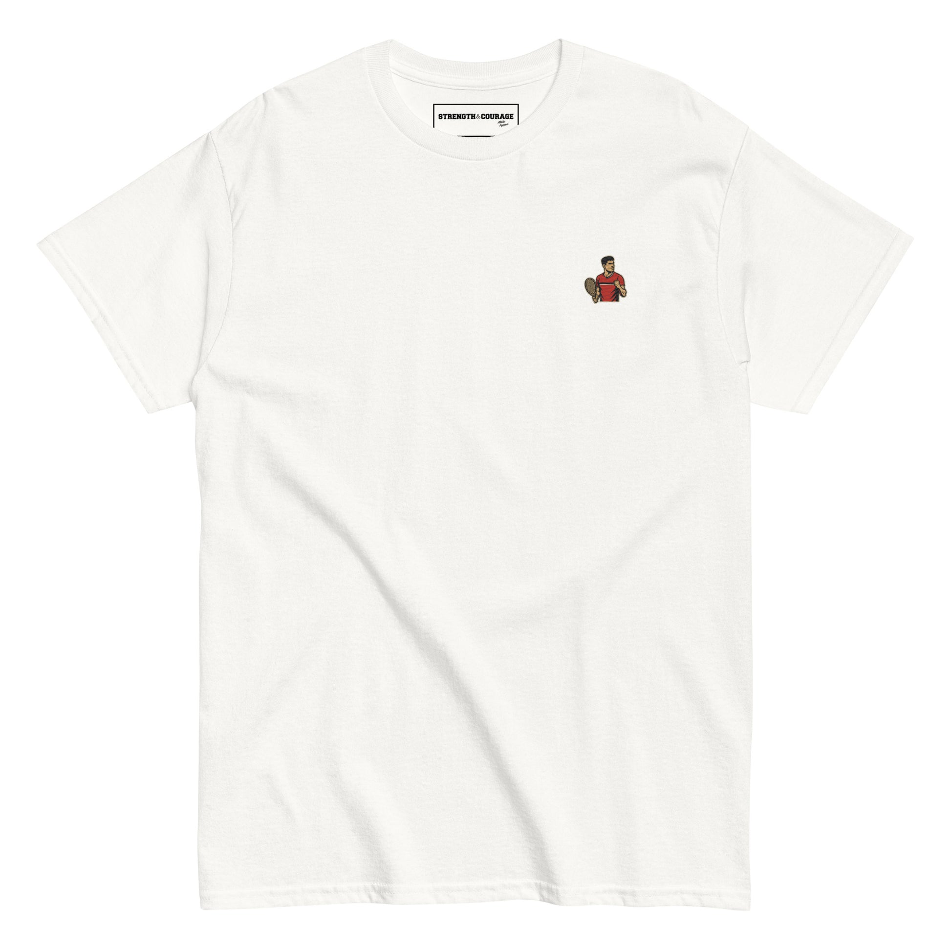 cotton short sleeve Tshirt featuring small embroidered Carlos Alcaraz graphic design, tennis fan gear.