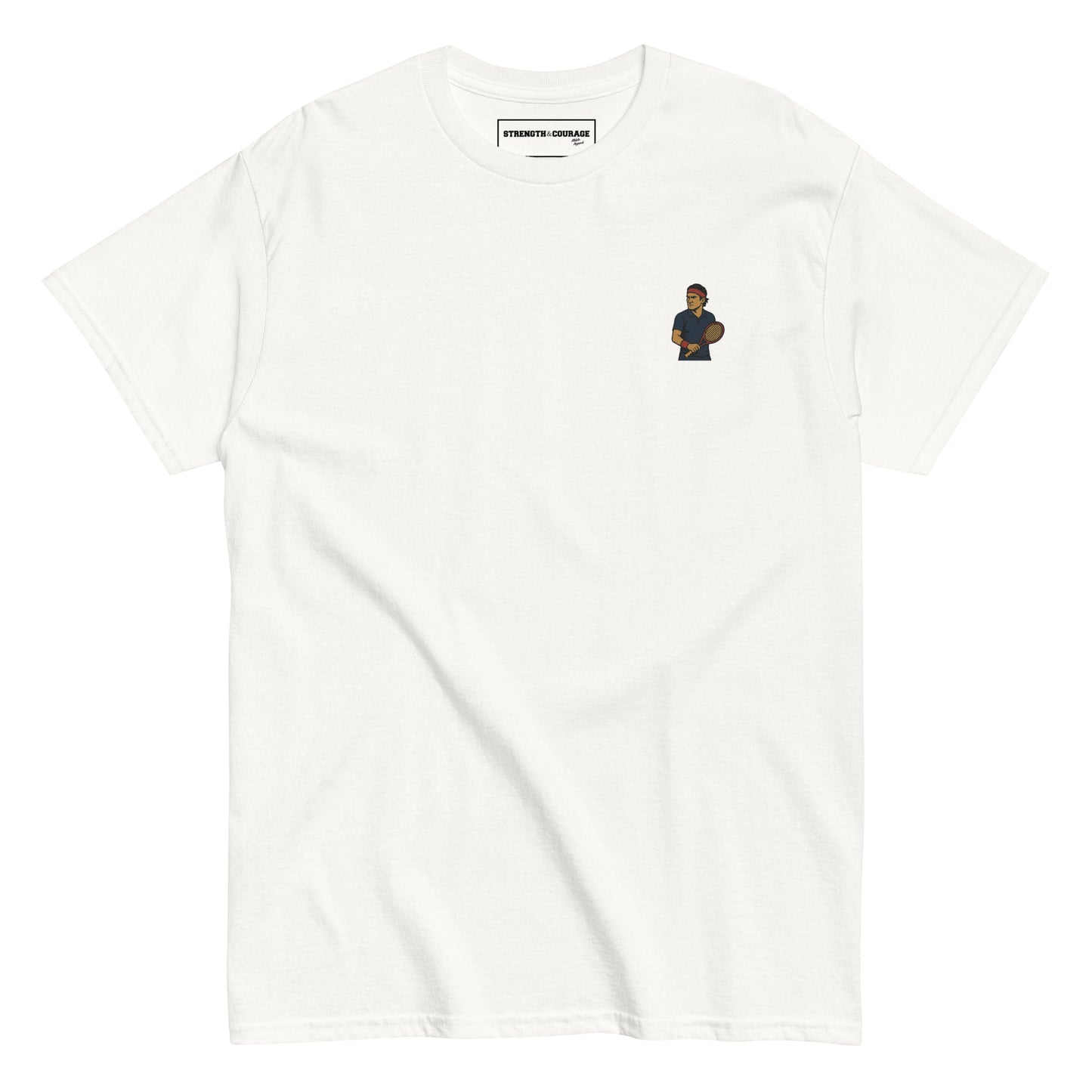 Premium white cotton short sleeve t-shirt featuring a small embroidered graphic of Roger Federer in a navy tennis kit and his iconic red headband.