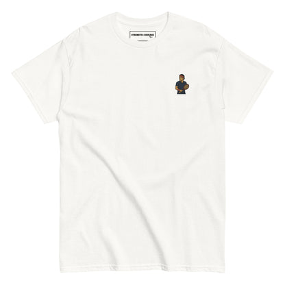 Premium white cotton short sleeve t-shirt featuring a small embroidered graphic of Roger Federer in a navy tennis kit and his iconic red headband.