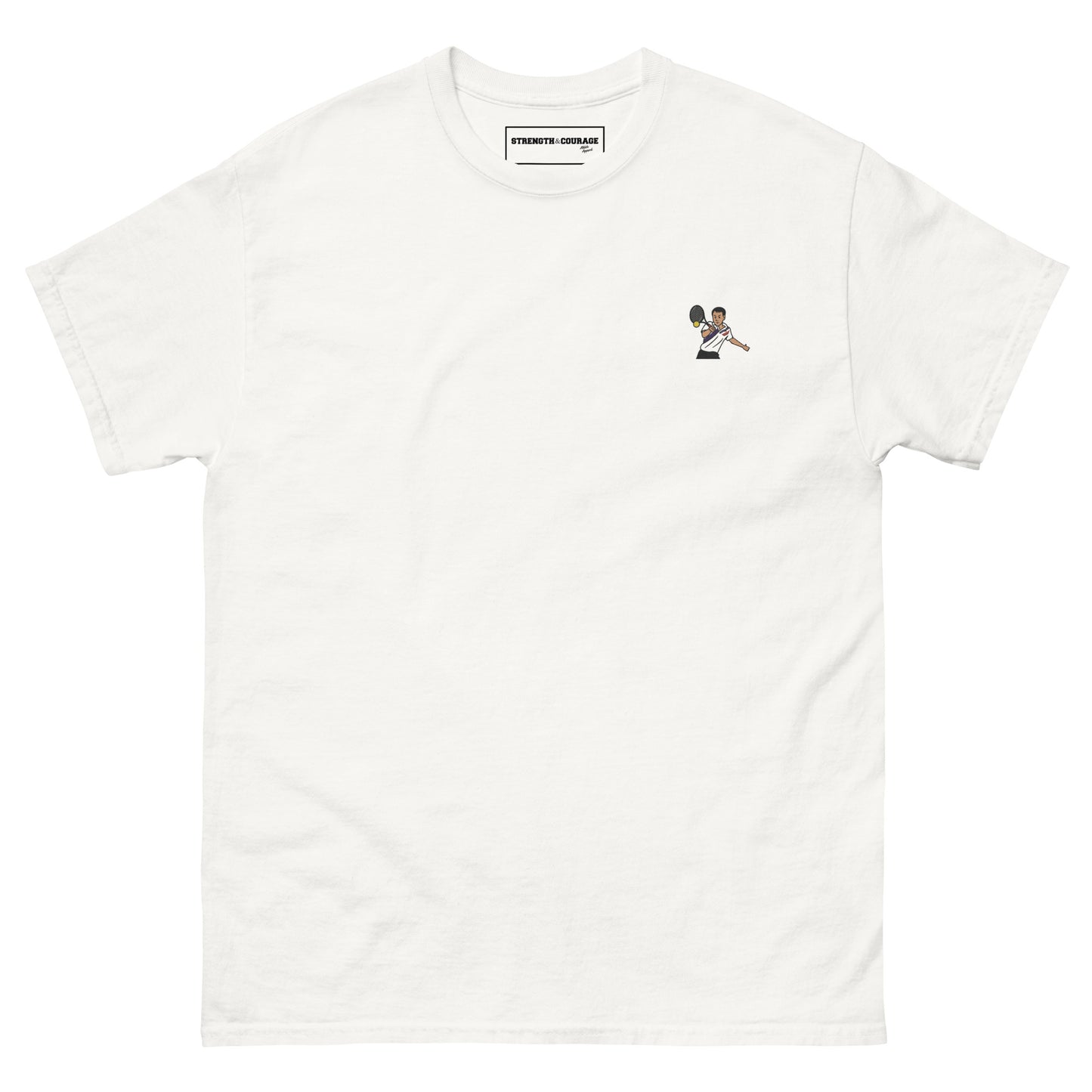 White cotton short sleeve t-shirt featuring a small, high-quality embroidery of tennis legend Michael Chang in a white and black kit, perfect for ATP tennis fans.