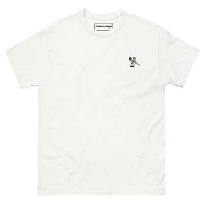 White cotton short sleeve t-shirt featuring a small, high-quality embroidery of tennis legend Michael Chang in a white and black kit, perfect for ATP tennis fans.