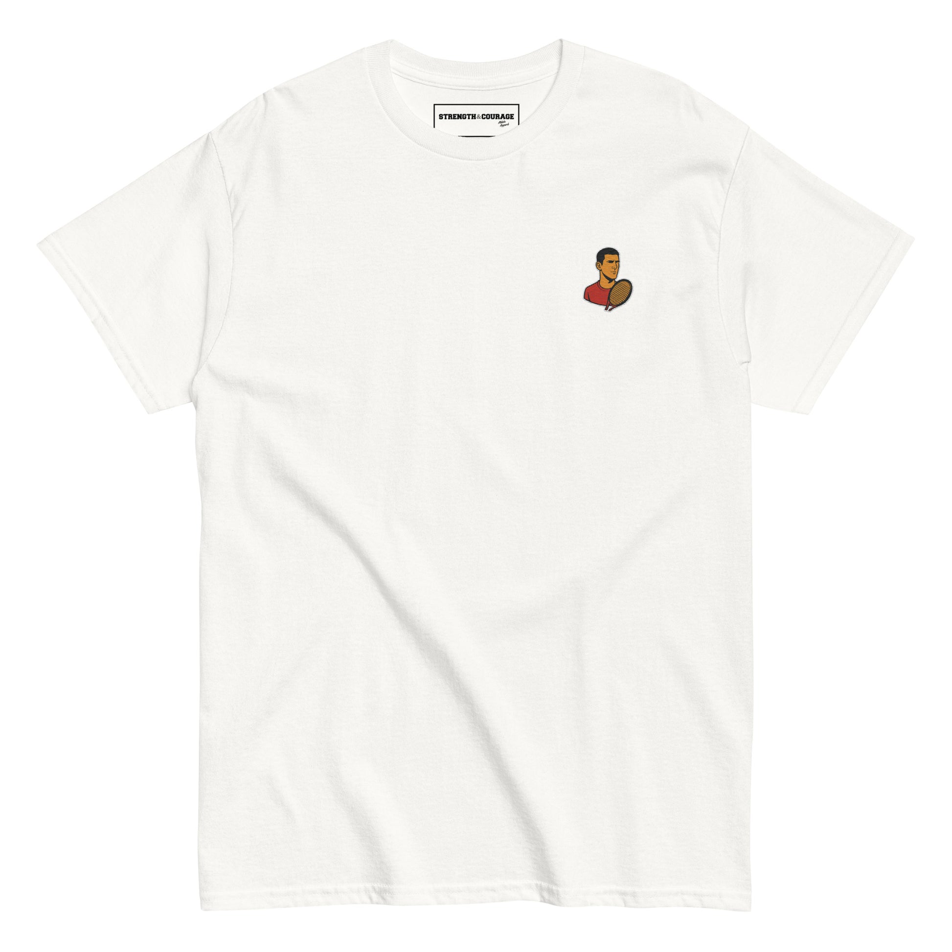 White cotton short sleeve t-shirt featuring a small, minimalist embroidered graphic design of tennis player Novak Djokovic in a red shirt holding a racket.