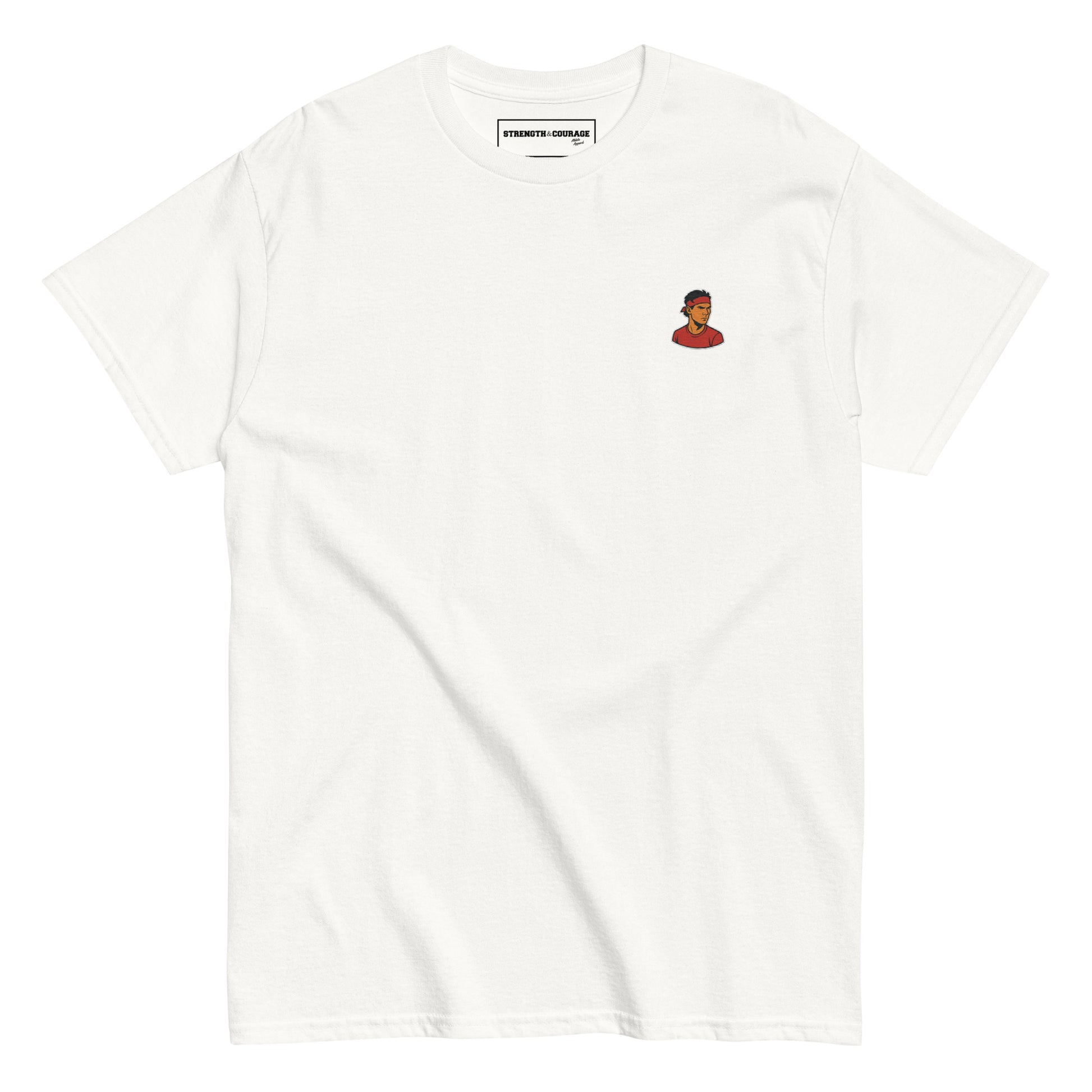 White premium cotton short sleeve t-shirt featuring a small, detailed embroidery of tennis legend Rafael Nadal in his signature pose.