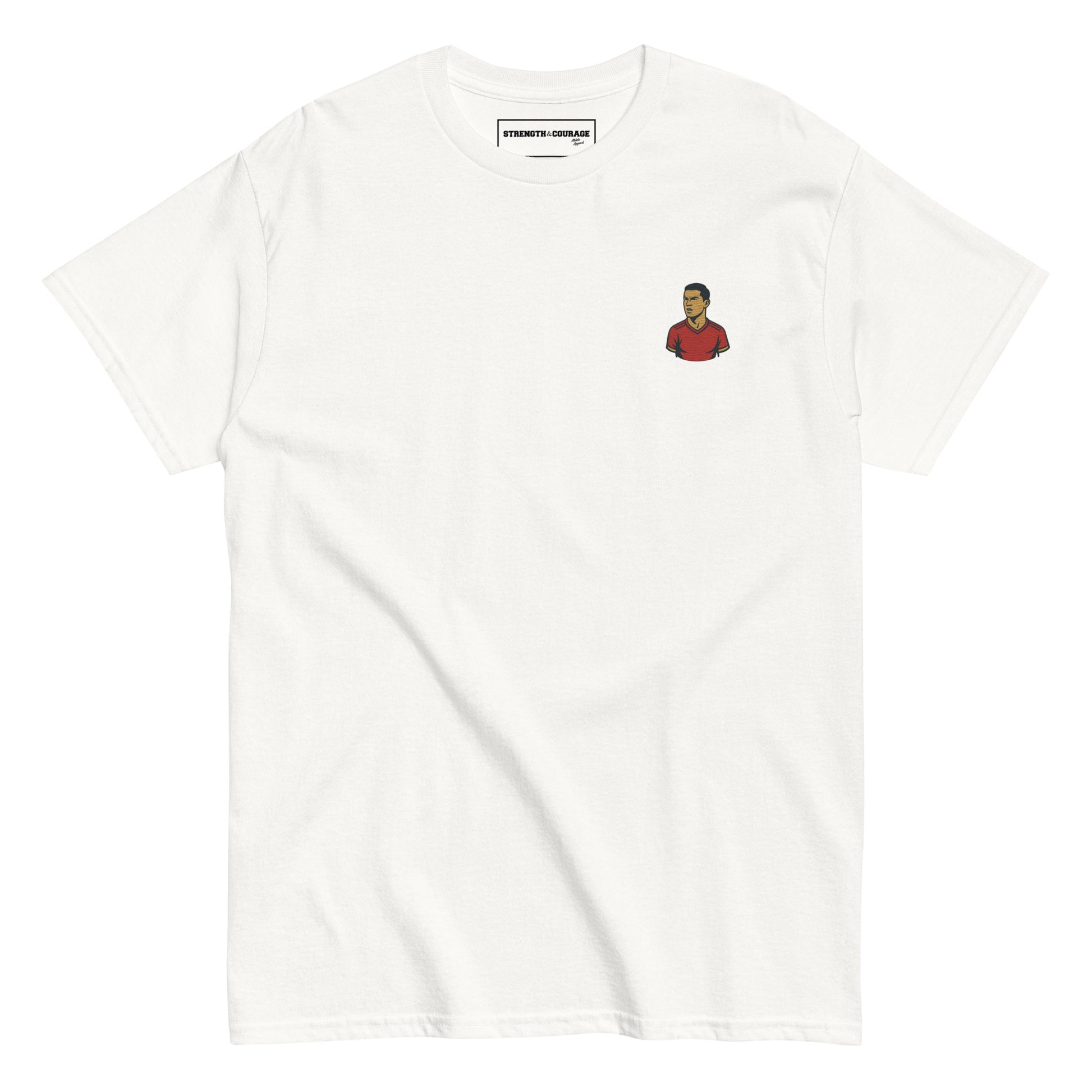 White cotton short sleeve t-shirt with a small embroidered graphic of Cristiano Ronaldo (CR7) in a white kit, a premium graphic tee for football and sports fans.